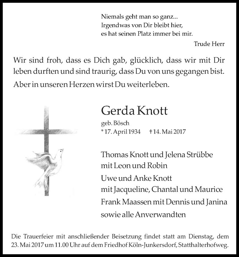  Traueranzeige für Gerda Knott vom 20.05.2017 aus Kölner Stadt-Anzeiger / Kölnische Rundschau / Express