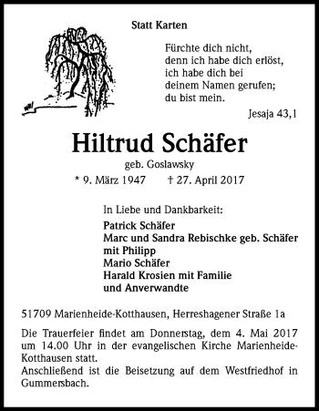 Anzeige von Hiltrud Schäfer von Kölner Stadt-Anzeiger / Kölnische Rundschau / Express
