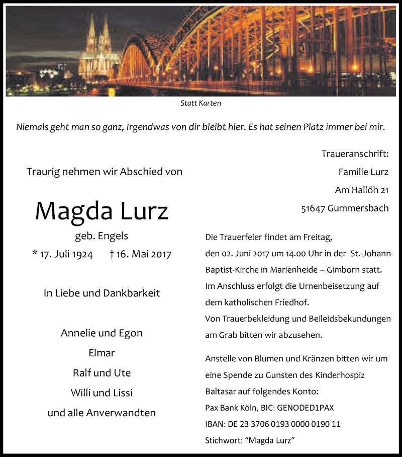  Traueranzeige für Magda Lurz vom 23.05.2017 aus Kölner Stadt-Anzeiger / Kölnische Rundschau / Express