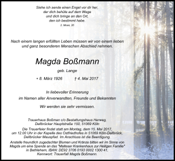 Anzeige von Magda Boßmann von Kölner Stadt-Anzeiger / Kölnische Rundschau / Express
