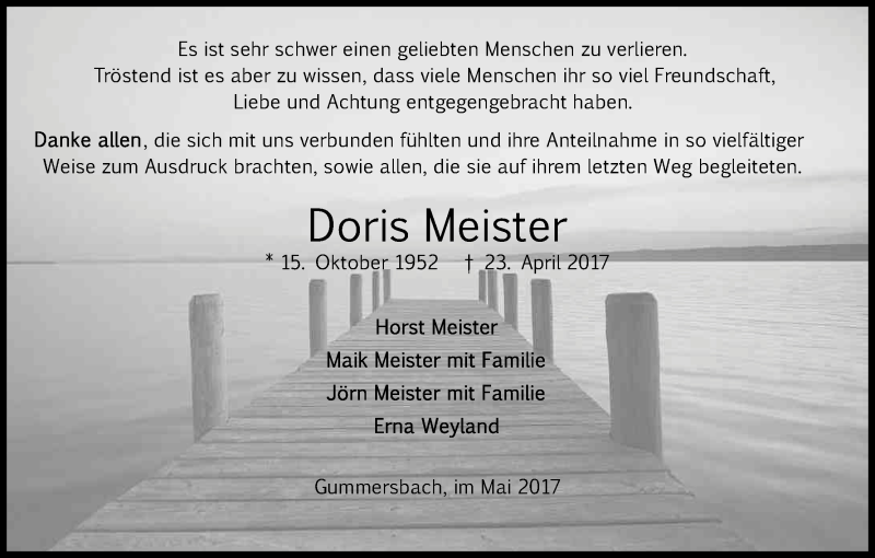  Traueranzeige für Doris Meister vom 31.05.2017 aus Kölner Stadt-Anzeiger / Kölnische Rundschau / Express