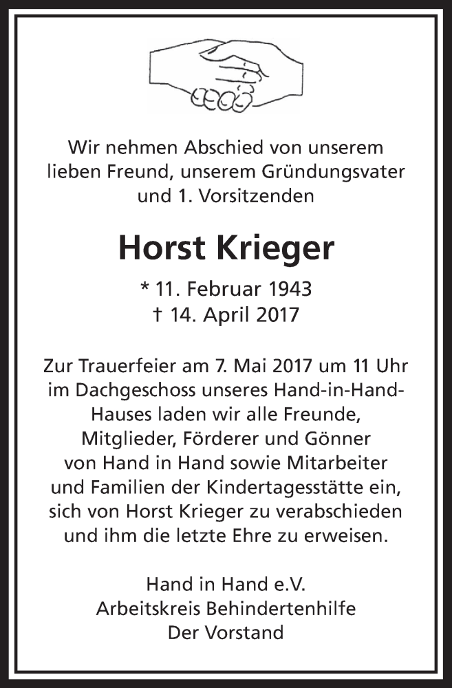  Traueranzeige für Horst Krieger vom 03.05.2017 aus  Wochenende 