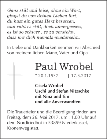 Anzeige von Paul Wrobel von  Kölner Wochenspiegel 