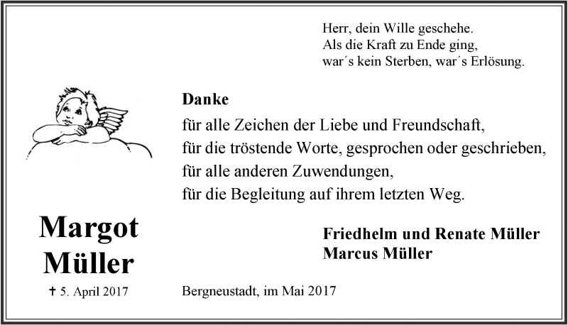  Traueranzeige für Margot Müller vom 10.05.2017 aus  Anzeigen Echo 
