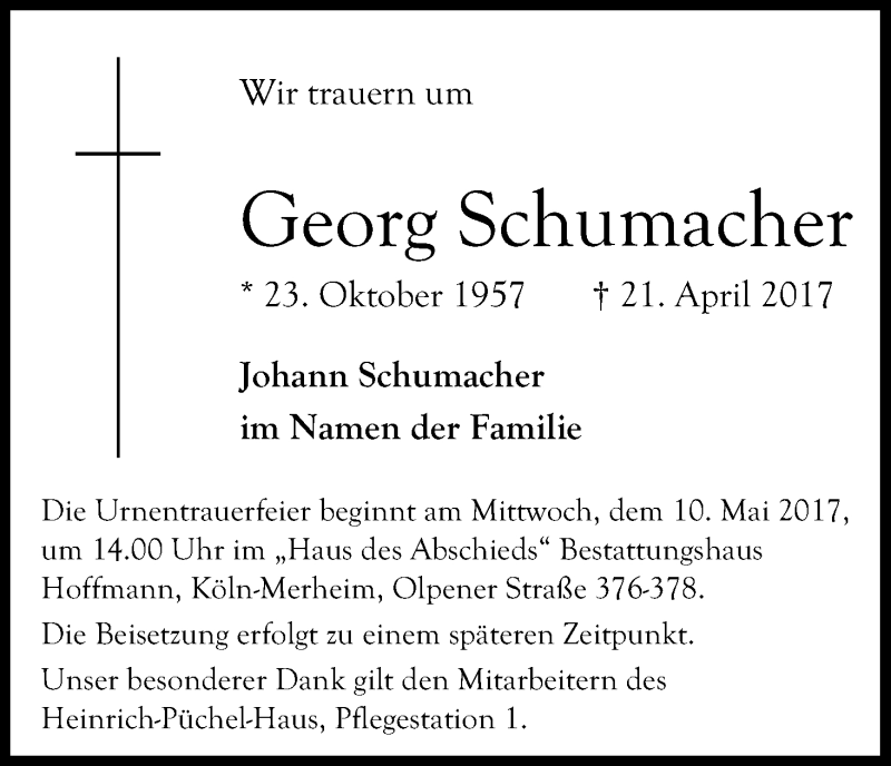  Traueranzeige für Georg Schumacher vom 06.05.2017 aus Kölner Stadt-Anzeiger / Kölnische Rundschau / Express