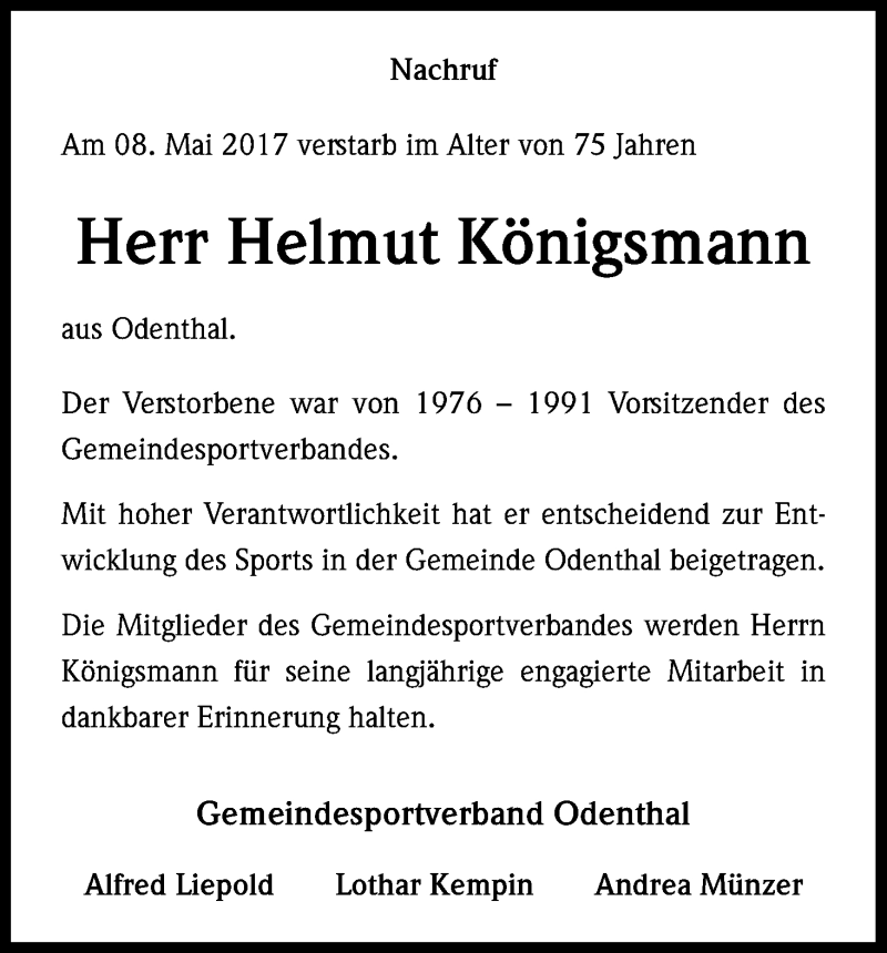  Traueranzeige für Helmut Königsmann vom 19.05.2017 aus Kölner Stadt-Anzeiger / Kölnische Rundschau / Express