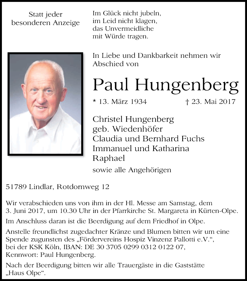  Traueranzeige für Paul Hungenberg vom 27.05.2017 aus Kölner Stadt-Anzeiger / Kölnische Rundschau / Express