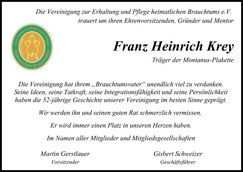  Traueranzeige für Franz Heinrich Krey vom 16.05.2017 aus Kölner Stadt-Anzeiger / Kölnische Rundschau / Express