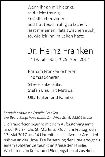Anzeige von Heinz Franken von Kölner Stadt-Anzeiger / Kölnische Rundschau / Express