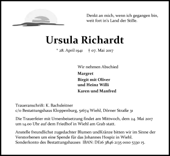 Anzeige von Ursula Richardt von Kölner Stadt-Anzeiger / Kölnische Rundschau / Express