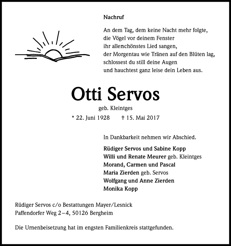  Traueranzeige für Otti Servos vom 27.05.2017 aus Kölner Stadt-Anzeiger / Kölnische Rundschau / Express