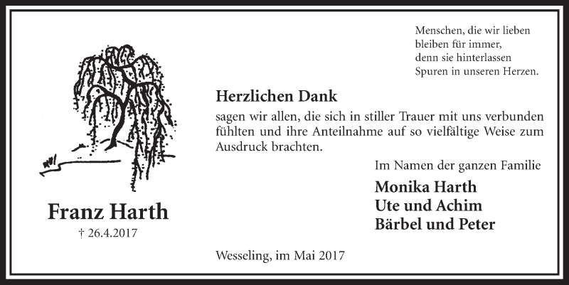  Traueranzeige für Franz Harth vom 24.05.2017 aus  Schlossbote/Werbekurier 