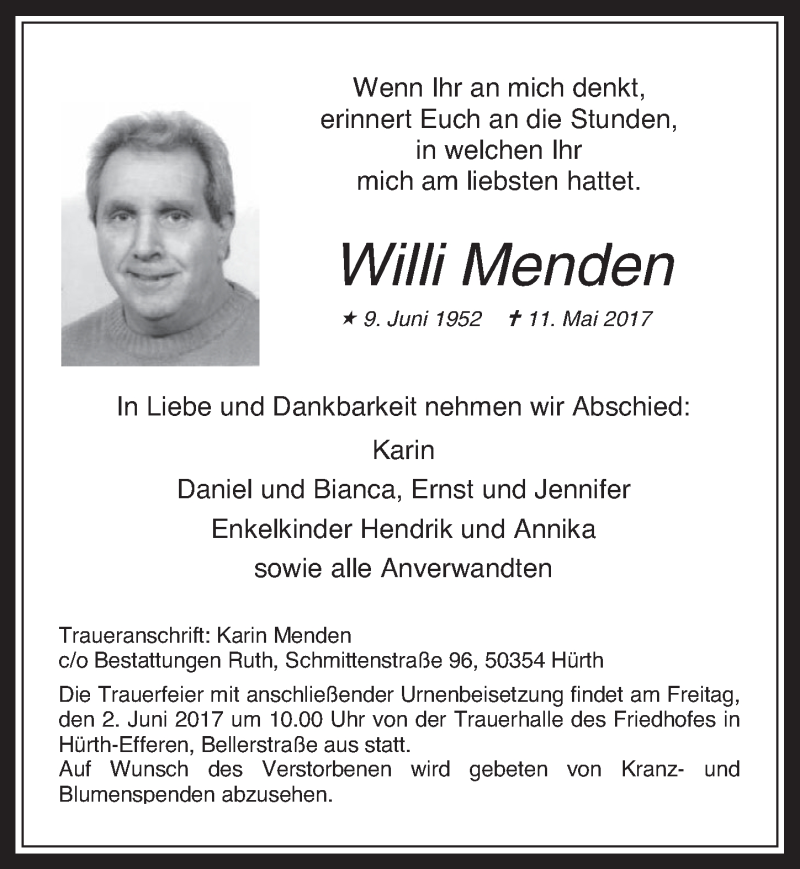 Traueranzeige für Willi Menden vom 24.05.2017 aus  Wochenende 