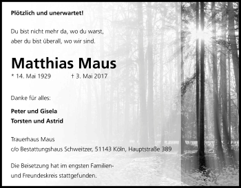 Anzeige von Matthias Maus von Kölner Stadt-Anzeiger / Kölnische Rundschau / Express