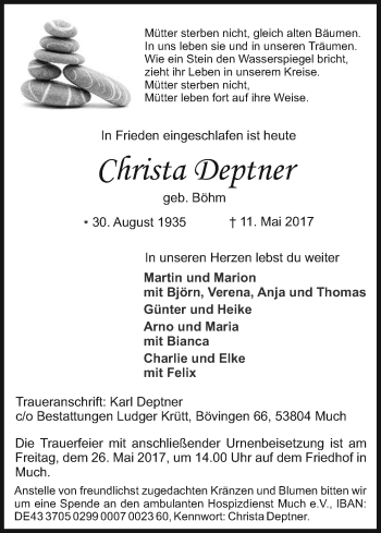 Anzeige von Christa Deptner von Kölner Stadt-Anzeiger / Kölnische Rundschau / Express