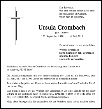 Anzeige von Ursula Crombach von Kölner Stadt-Anzeiger / Kölnische Rundschau / Express