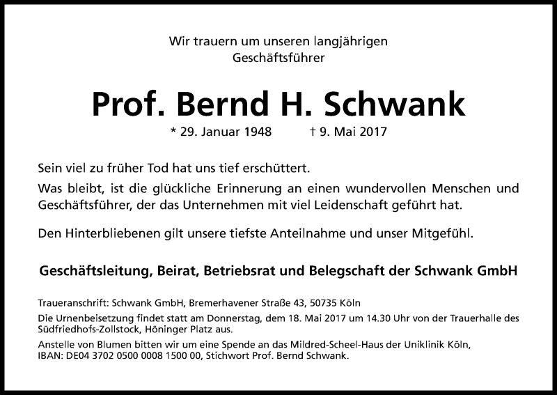  Traueranzeige für Bernd H. Schwank vom 13.05.2017 aus Kölner Stadt-Anzeiger / Kölnische Rundschau / Express