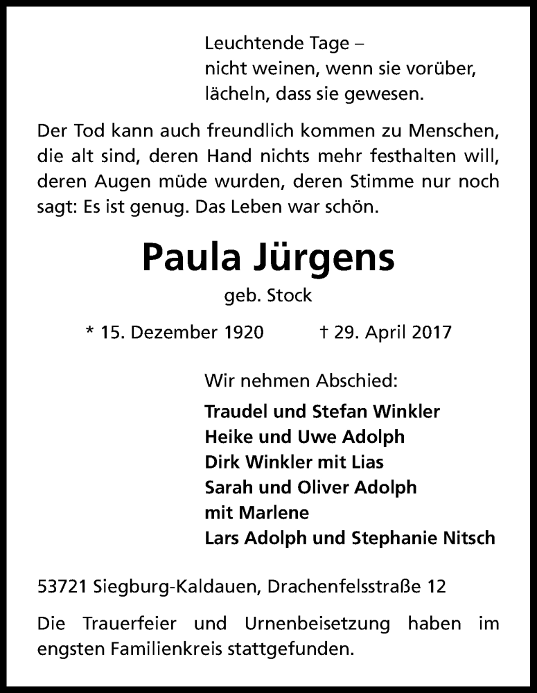  Traueranzeige für Paula Jürgens vom 13.05.2017 aus Kölner Stadt-Anzeiger / Kölnische Rundschau / Express