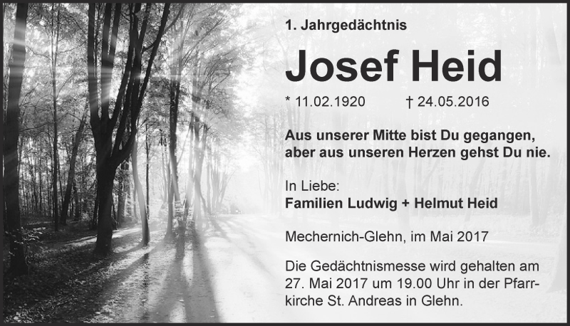  Traueranzeige für Josef Heid vom 20.05.2017 aus  Blickpunkt Euskirchen 