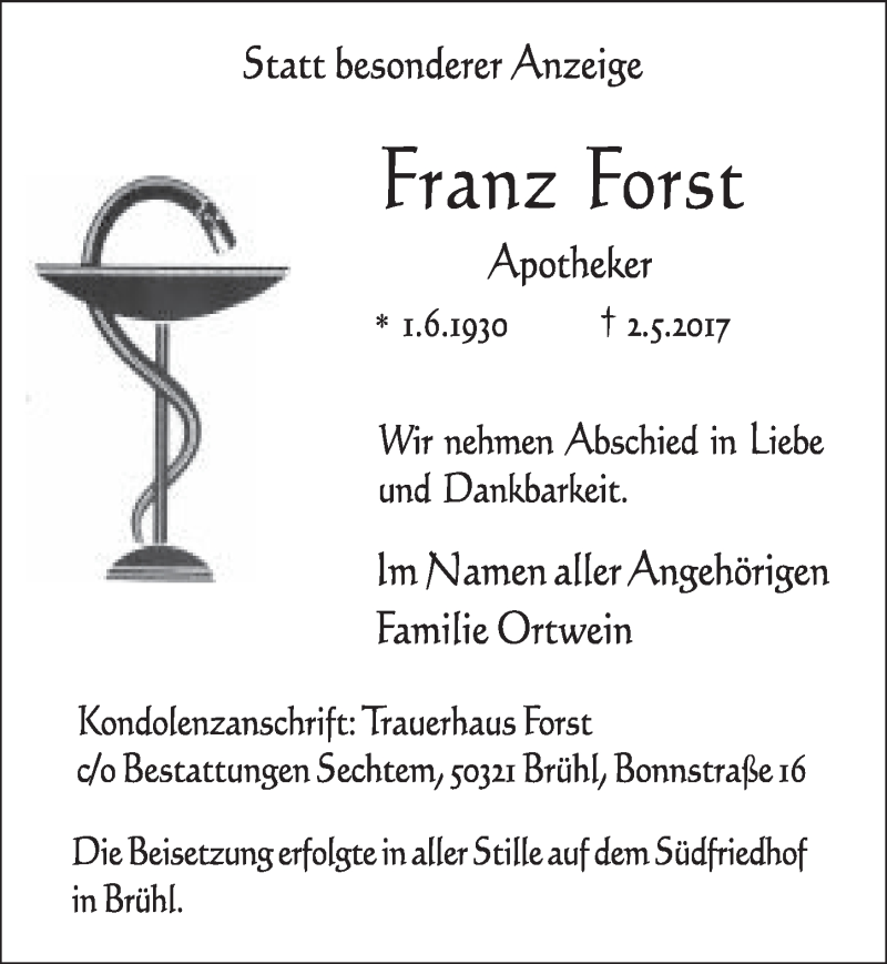  Traueranzeige für Franz Forst vom 17.05.2017 aus  Kölner Wochenspiegel 