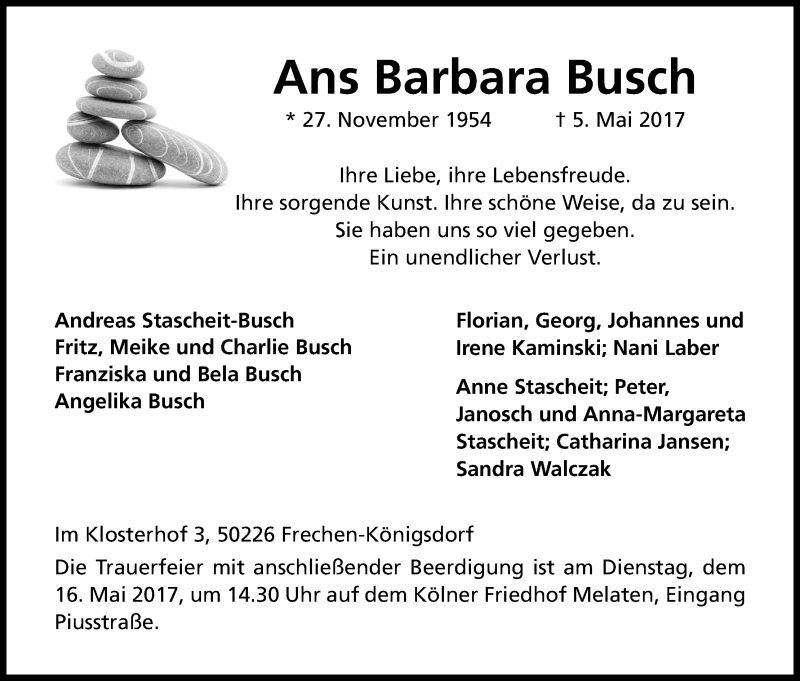  Traueranzeige für Ans Barbara Busch vom 13.05.2017 aus Kölner Stadt-Anzeiger / Kölnische Rundschau / Express