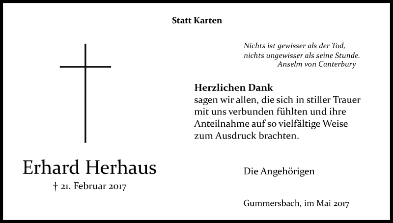  Traueranzeige für Erhard Herhaus vom 13.05.2017 aus Kölner Stadt-Anzeiger / Kölnische Rundschau / Express