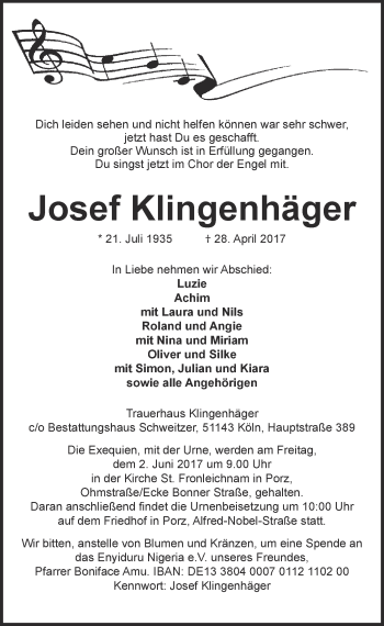 Anzeige von Josef Klingenhäger von  Kölner Wochenspiegel 