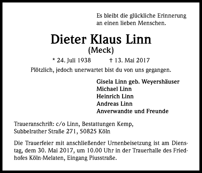  Traueranzeige für Klaus Dieter Linn vom 25.05.2017 aus Kölner Stadt-Anzeiger / Kölnische Rundschau / Express