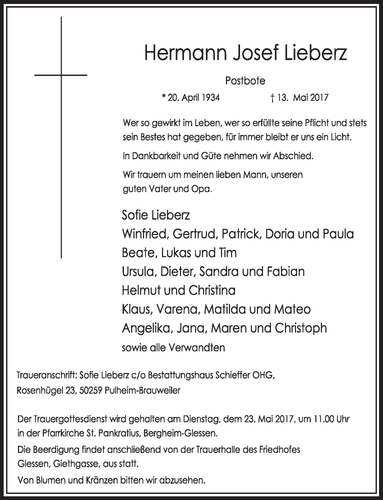 Traueranzeige für Hermann Josef Lieberz vom 20.05.2017 aus  Sonntags-Post 