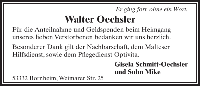  Traueranzeige für Walter Oechsler vom 10.05.2017 aus  Schlossbote/Werbekurier 