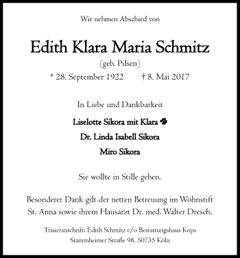 Anzeige von Edith Klara Maria Schmitz von Kölner Stadt-Anzeiger / Kölnische Rundschau / Express
