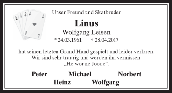 Anzeige von Linus Wolfgang Leisen von  Sonntags-Post 