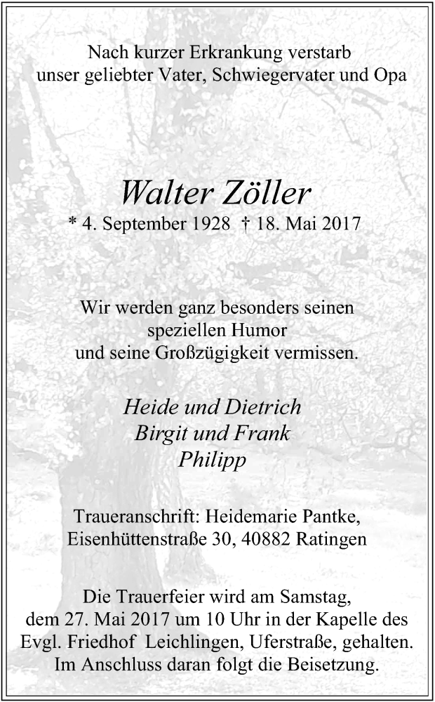  Traueranzeige für Walter Zöller vom 23.05.2017 aus Kölner Stadt-Anzeiger / Kölnische Rundschau / Express