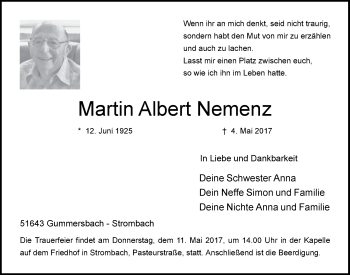 Anzeige von Martin Albert Nemenz von  Anzeigen Echo 