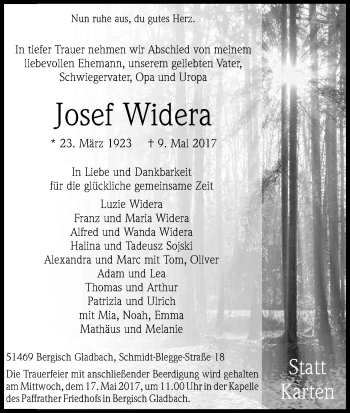 Anzeige von Josef Widera von Kölner Stadt-Anzeiger / Kölnische Rundschau / Express