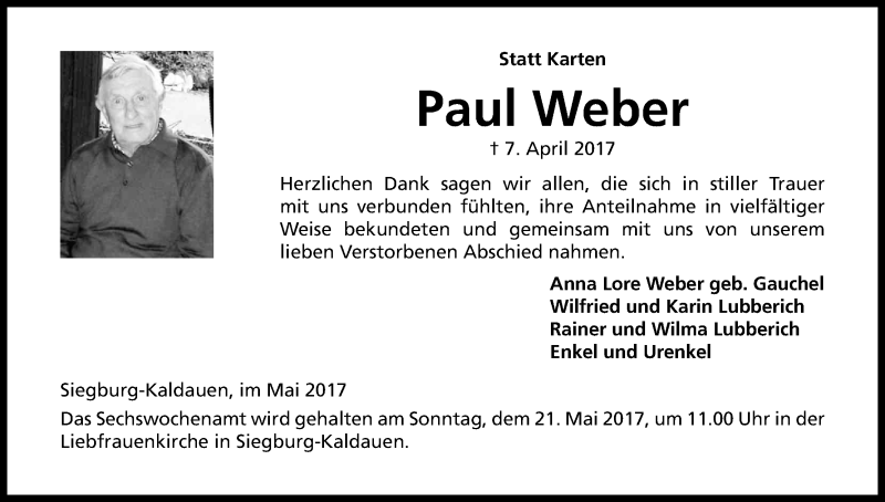 Traueranzeige für Paul Weber vom 17.05.2017 aus Kölner Stadt-Anzeiger / Kölnische Rundschau / Express