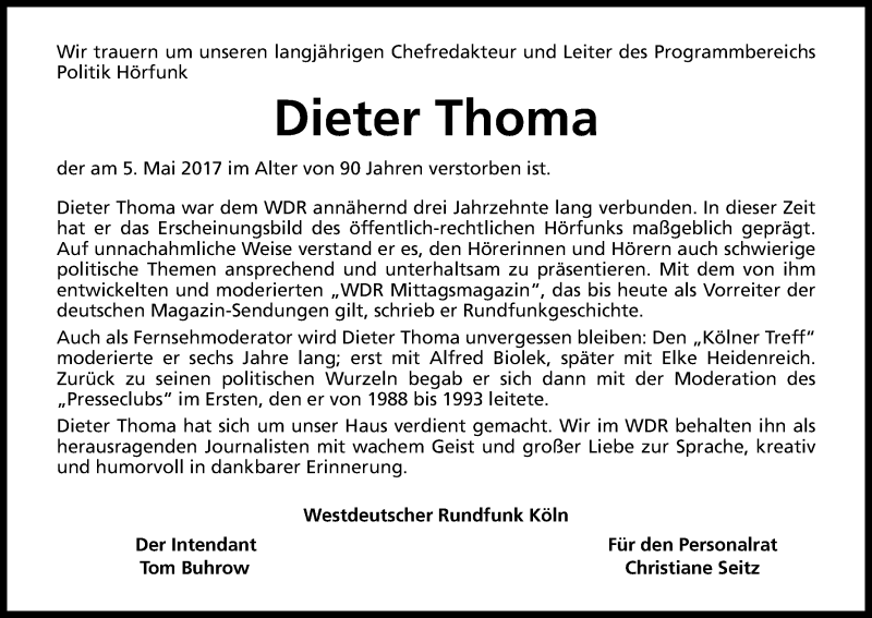  Traueranzeige für Dieter Thoma vom 13.05.2017 aus Kölner Stadt-Anzeiger / Kölnische Rundschau / Express
