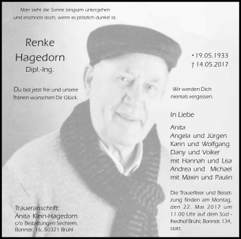 Anzeige von Renke Hagedorn von Kölner Stadt-Anzeiger / Kölnische Rundschau / Express