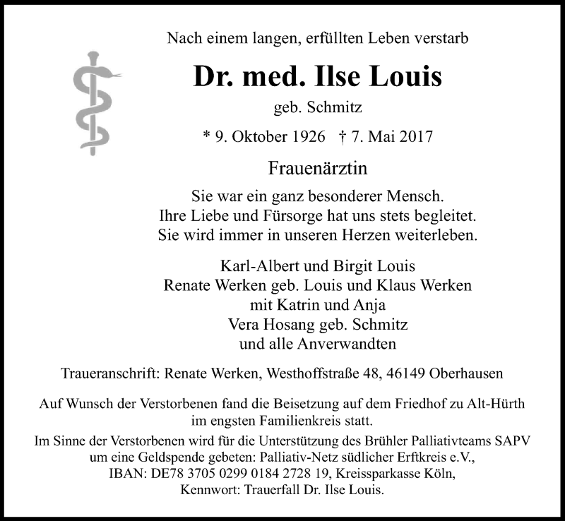  Traueranzeige für Ilse Louis vom 13.05.2017 aus Kölner Stadt-Anzeiger / Kölnische Rundschau / Express