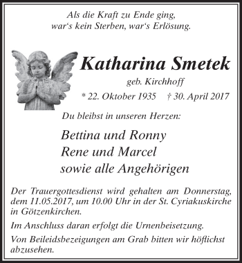 Anzeige von Katharina Smetek von  Sonntags-Post 