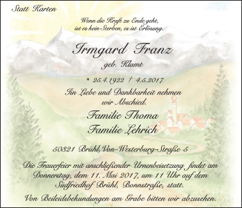 Anzeige von Irmgard Franz von  Schlossbote/Werbekurier 