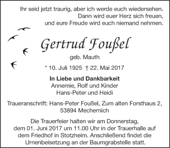 Anzeige von Gertrud Foußel von  Blickpunkt Euskirchen 
