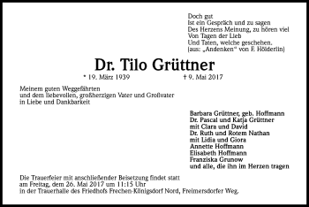 Anzeige von Tilo Grüttner von Kölner Stadt-Anzeiger / Kölnische Rundschau / Express
