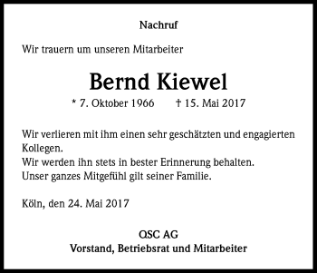 Anzeige von Bernd Kiewel von Kölner Stadt-Anzeiger / Kölnische Rundschau / Express