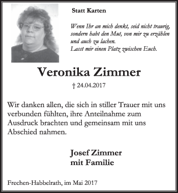 Anzeige von Veronika Zimmer von  Sonntags-Post 