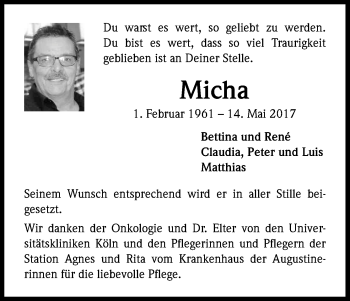 Anzeige von Micha  von Kölner Stadt-Anzeiger / Kölnische Rundschau / Express