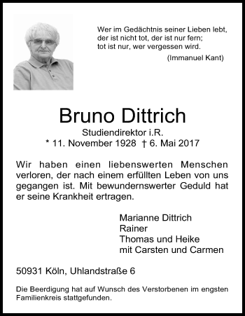 Anzeige von Bruno Dittrich von Kölner Stadt-Anzeiger / Kölnische Rundschau / Express