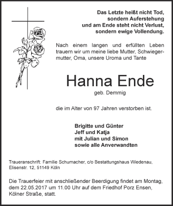 Anzeige von Hanna Ende von  Kölner Wochenspiegel 