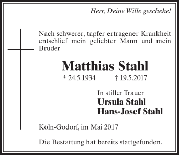 Anzeige von Matthias Stahl von  Kölner Wochenspiegel 