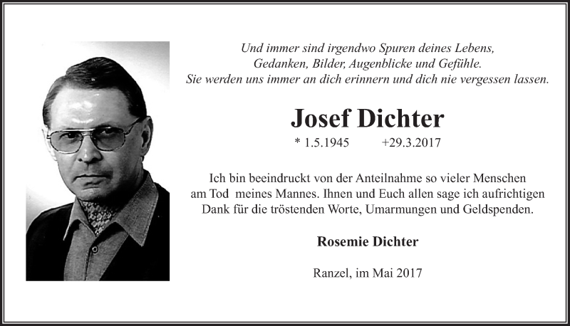  Traueranzeige für Josef Dichter vom 10.05.2017 aus  Kölner Wochenspiegel  Extra Blatt 